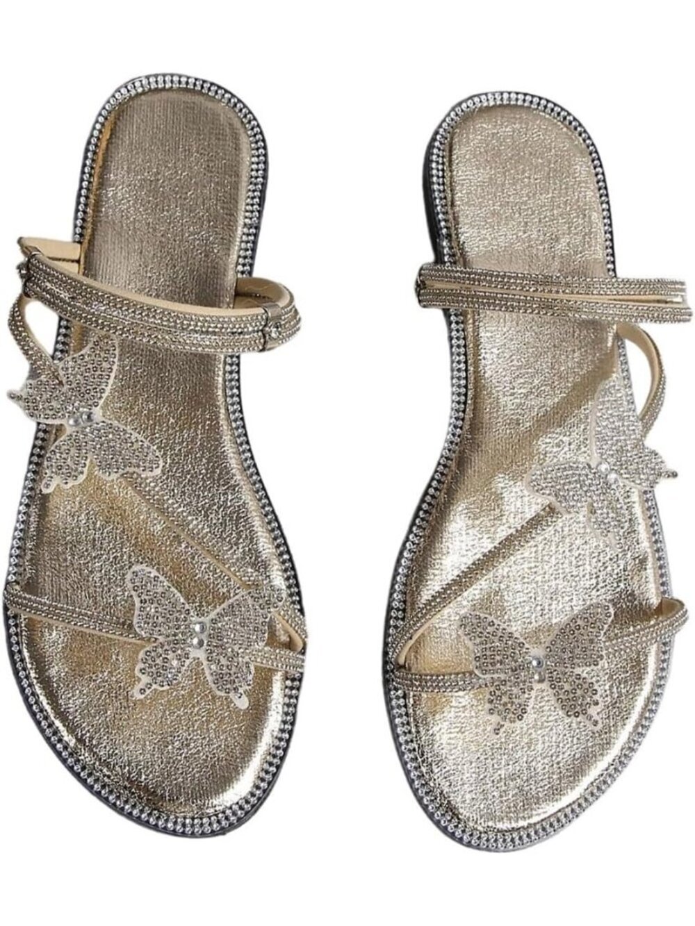 Women's Gold Flat Loafers Sparkly Butterfly Strappy Open Toe Elegant Slides